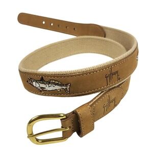 Guy Harvey Belt Mens Size 32 Tan Leather Canvas Embroidered Fish Nautical Preppy